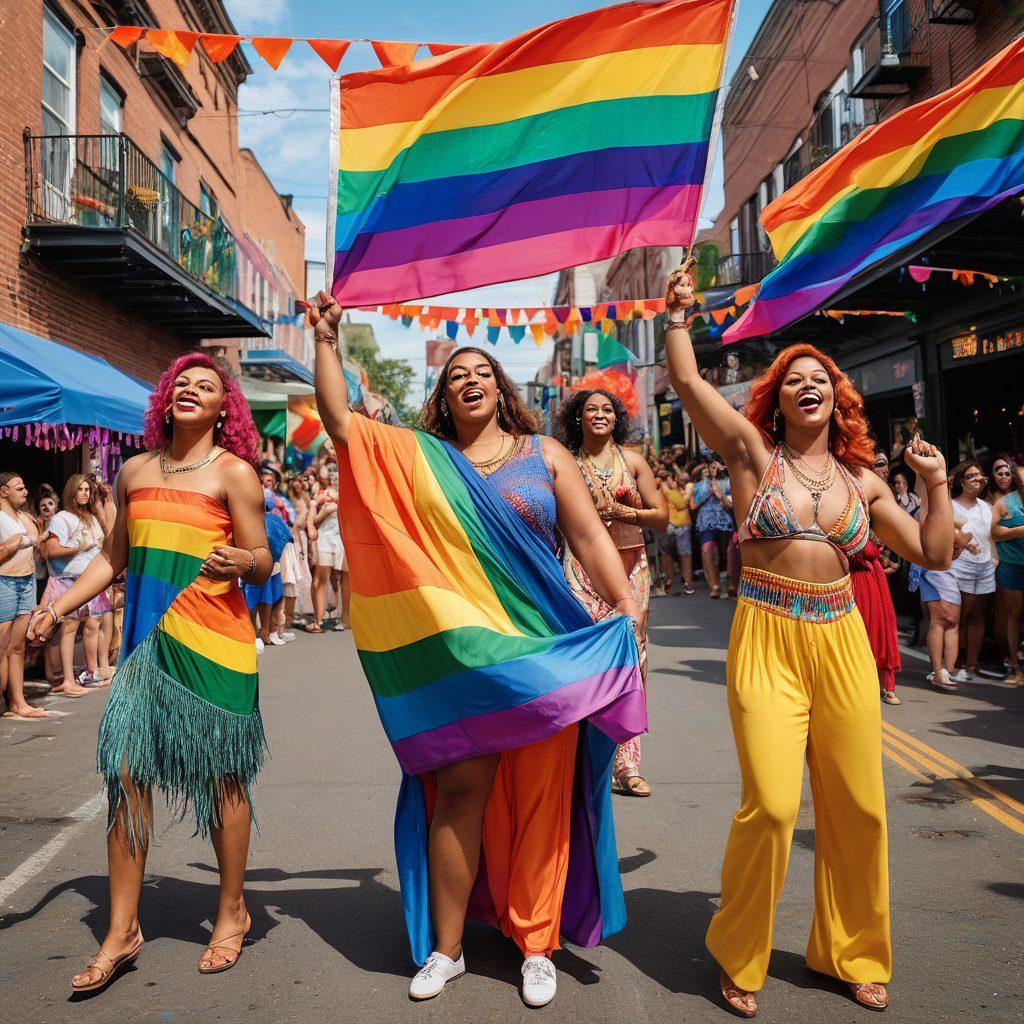 A vibrant collage featuring trans and shemale individuals engaged in various activities like dancing, parades, cultural festivals, community meetings, and artistic performances. Include diverse expressions of joy, unity, and pride, with rainbow flags and colorful outfits. The background should showcase an accepting, urban setting adorned with celebratory decor. super-realistic. vibrant colors.